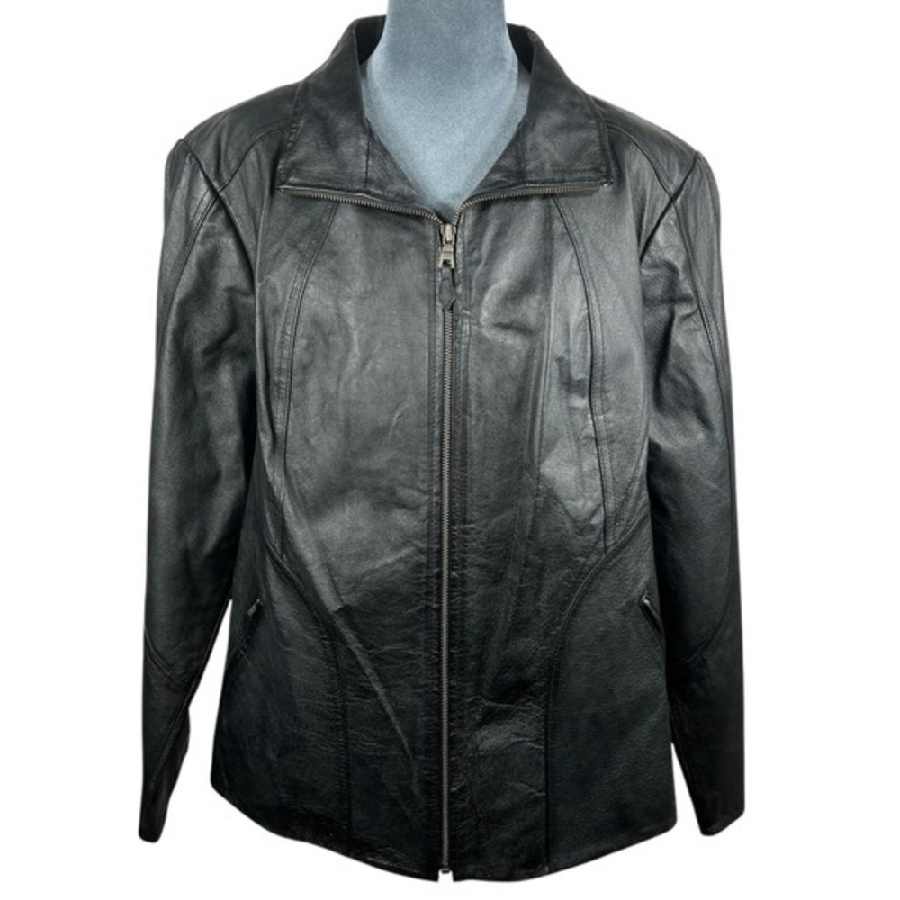 Genuine Black Leather Jacket Plus 16-18W‎ Full Zip Lined Minimalist Patina Retro
